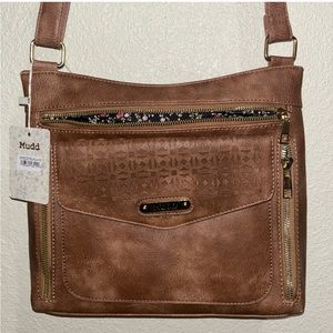 MUDD women's leather crossbody handbag in the color cognac. Brand new